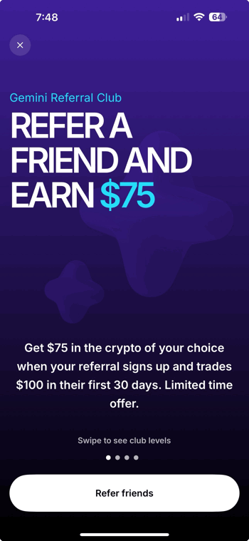 Gemini Crypto:  Bonus after Trading 0 (Referral Promo Code)